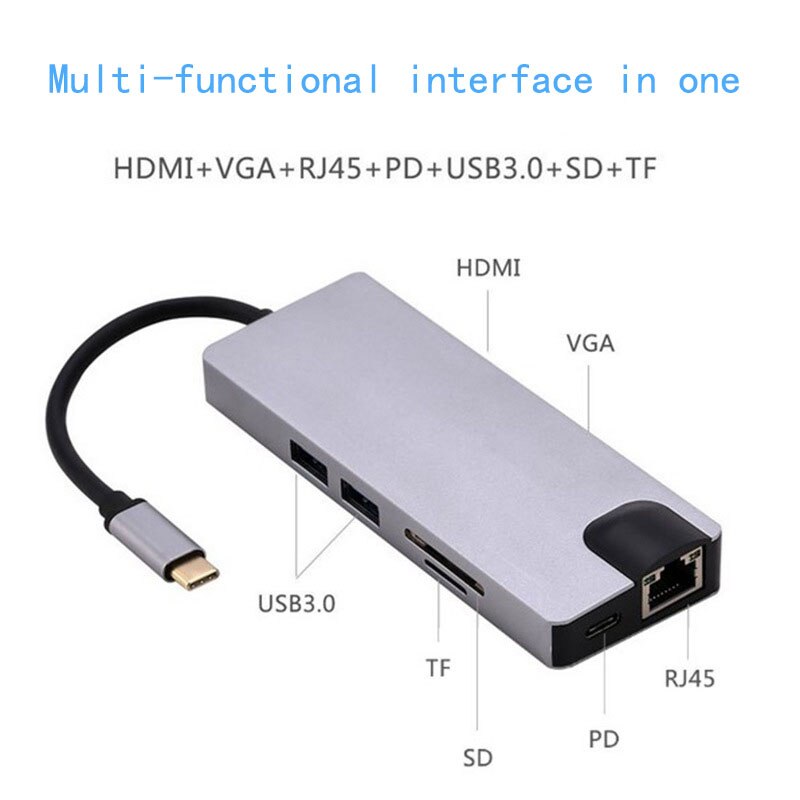Fealushon Usb Docking Station 8-In-1 USB-C Naar Hdmi Vga Reader RJ45 Pd Adapter Voor Macbook Samsung galaxy S9/S8/S8 + Type C Hub