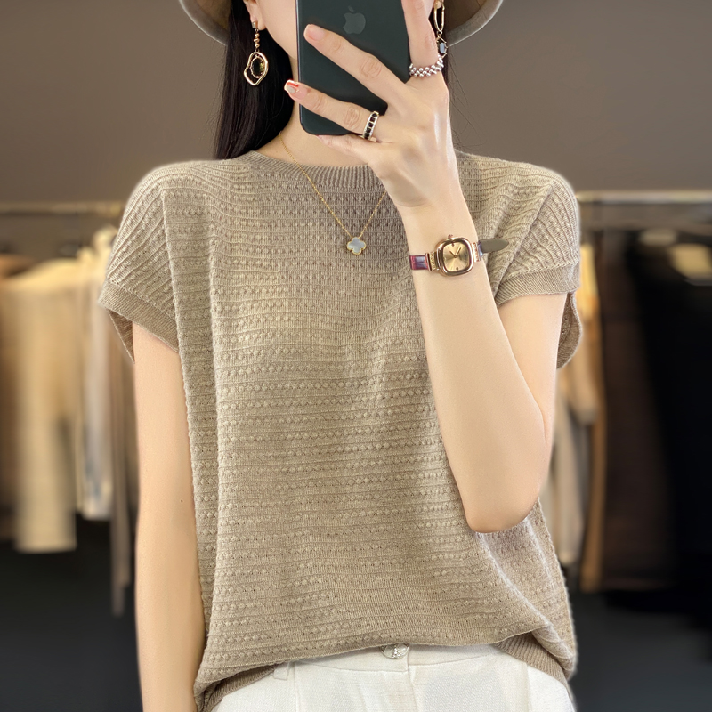 Neue Wolle Lyocell Kurzarm T-shirts Pullover frauen Oansatz Batwing Hülse Pullover Weste Sommer Gestrickte Bodenbildung T-shirt