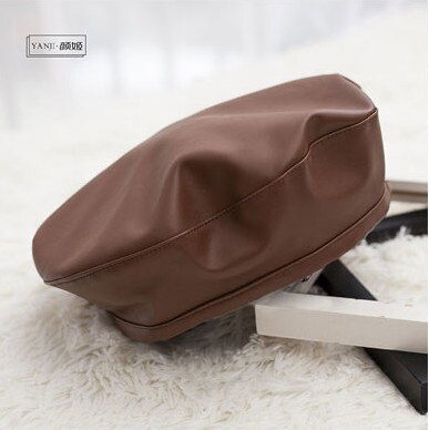 Pu leren baret dames casual winter baret pet hoed voor dames herfst retro muts petten schilderspet platte hoge hoed: Koffie