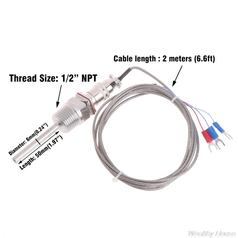 RTD Pt100 Temperature Sensor Probe L 5cm 1/2" NPT Thread w/ Detachable Connector D22 20