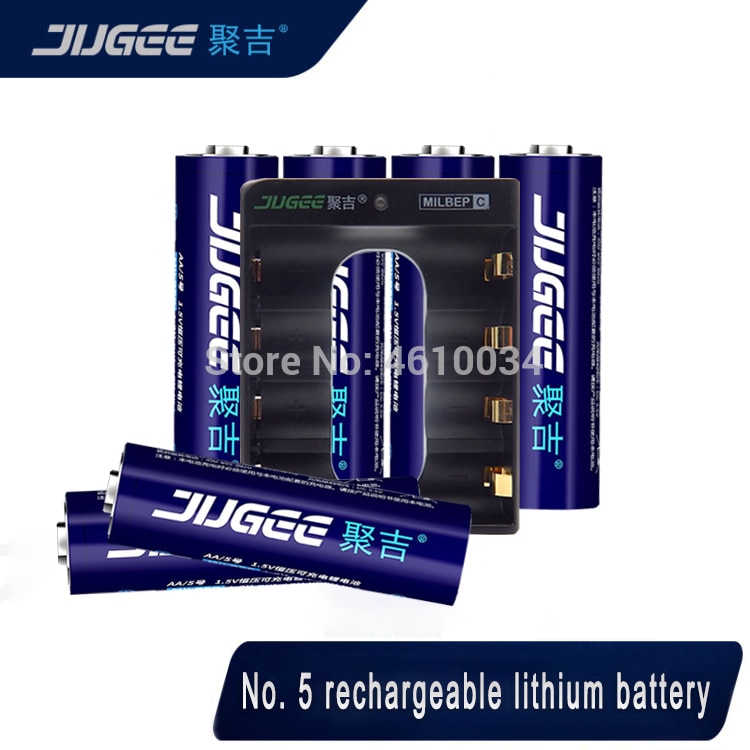 Jugee-batería recargable de iones de litio, AA, 1,5 V, 3000mWh + Cargador de baterías de batería de iones de litio de polímero de 4 canales: 6pc With charger
