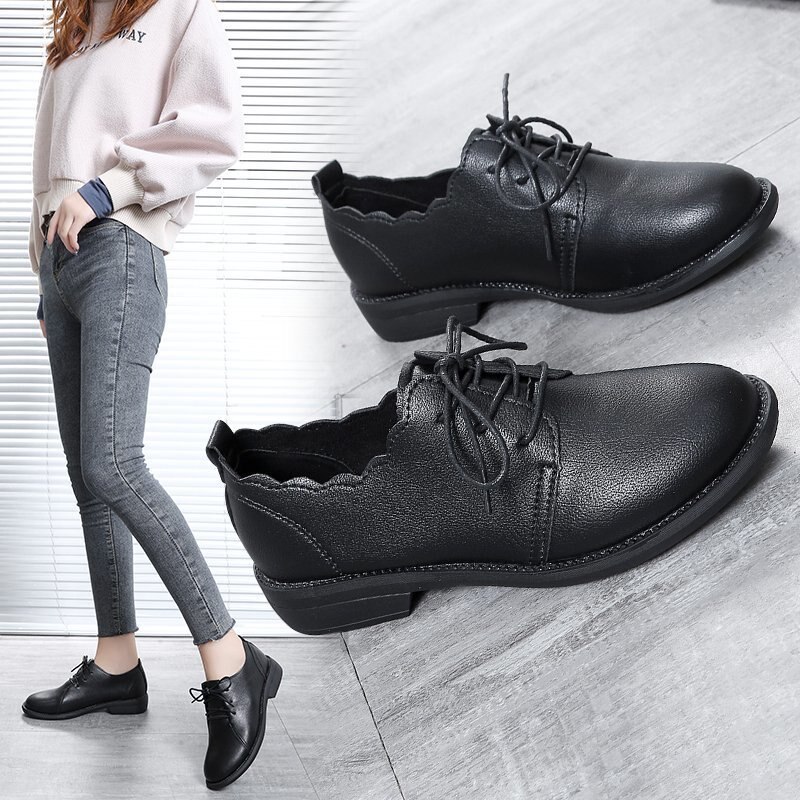 Zapatos informales De cuero liso Oxford para Mujer, calzado plano con cordones y tacón bajo cuadrado, Zapatos De Mujer