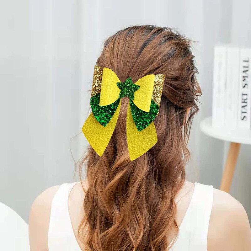 Pre Cut Leather Bow Making Kit 8 Set Colorful Large Bows with Glitter Solid Pieces French Barrette Hair Clips for DIY