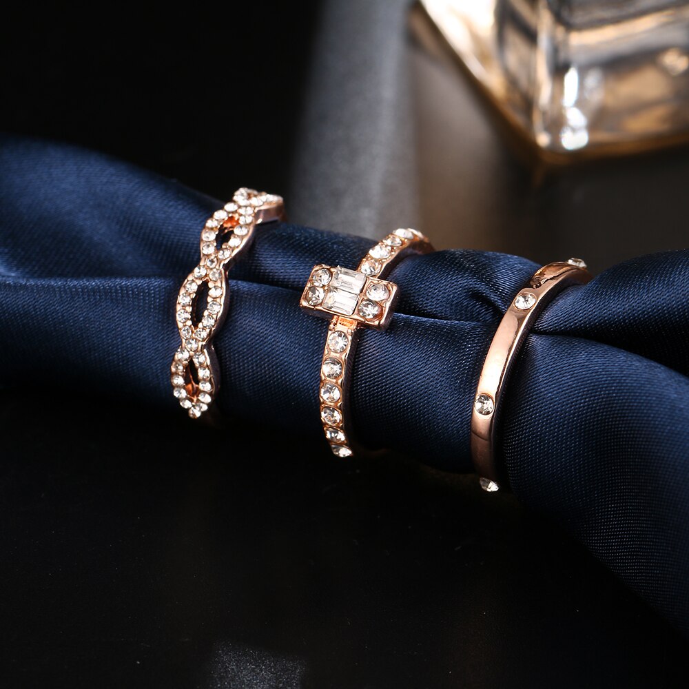 Ensemble de 3 bagues infinies en cristal doré pour femme, bijoux de fiançailles et de mariage