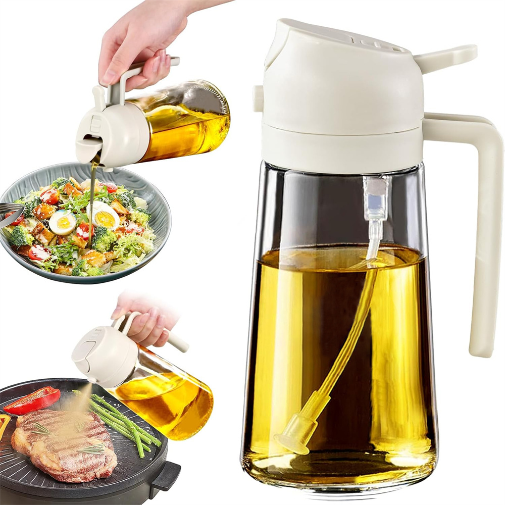 2- i -1 glasoliedispenser og sprøjte, oliesprøjteflaske med luft til frituregryde, grill, salat, ,17oz/470ml glasoliesprøjte til madlavning: Hvid