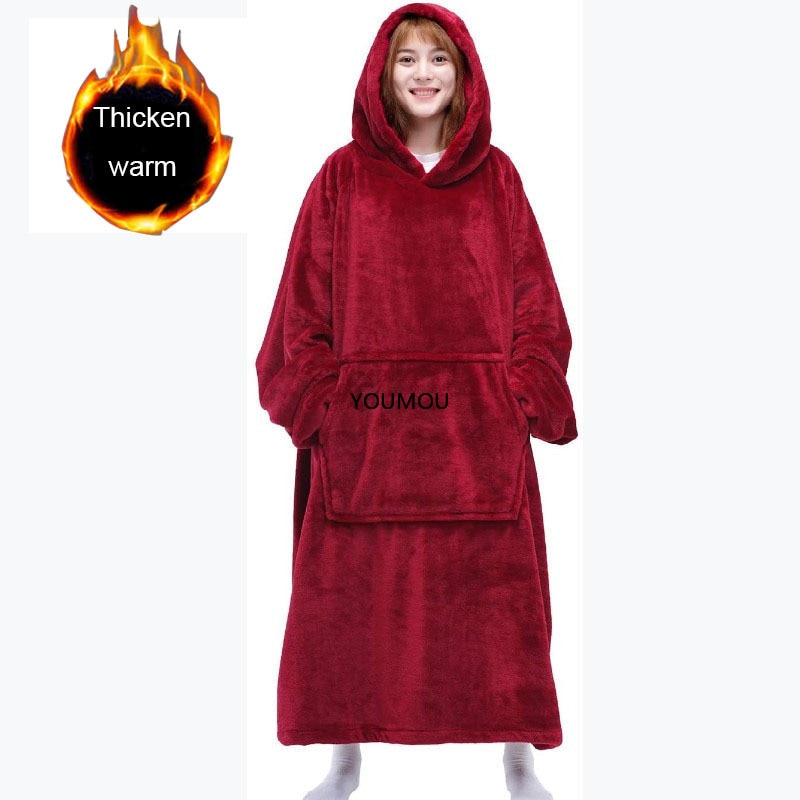 Super Long Oversized Blanket HoodieWinter Hooded Wearable Family TV Blanket with Sleeves Thicken Sherpa Fleece Hoody Sweatshirt