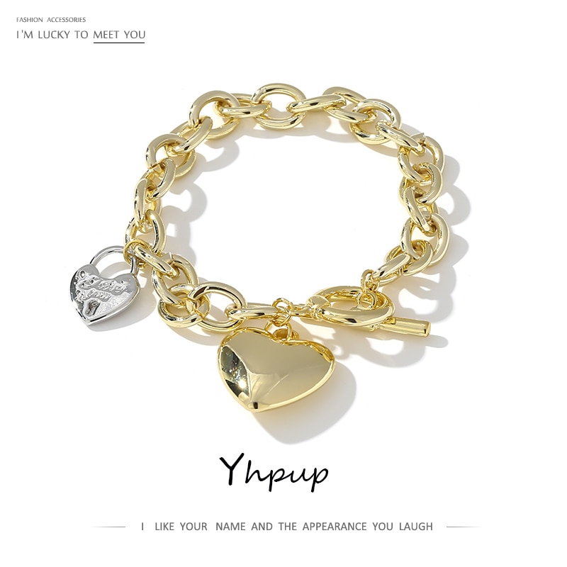 Yhpup-pulsera de corazón romántico con colgantes para mujer, brazalete con cierre de palanca de Color dorado y metálico, joyería de de aniversario