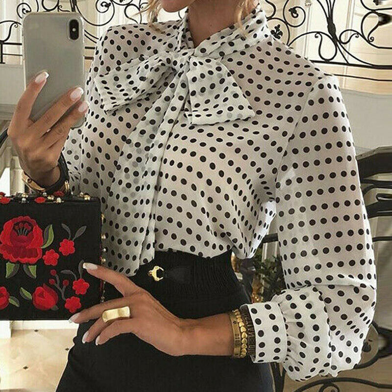 Elegante Vrouwen Stip Blouses Formele Office Lady Bow Tie Lange Mouwen Shirts Mode Puff Mouw Chiffon Blouses Tops