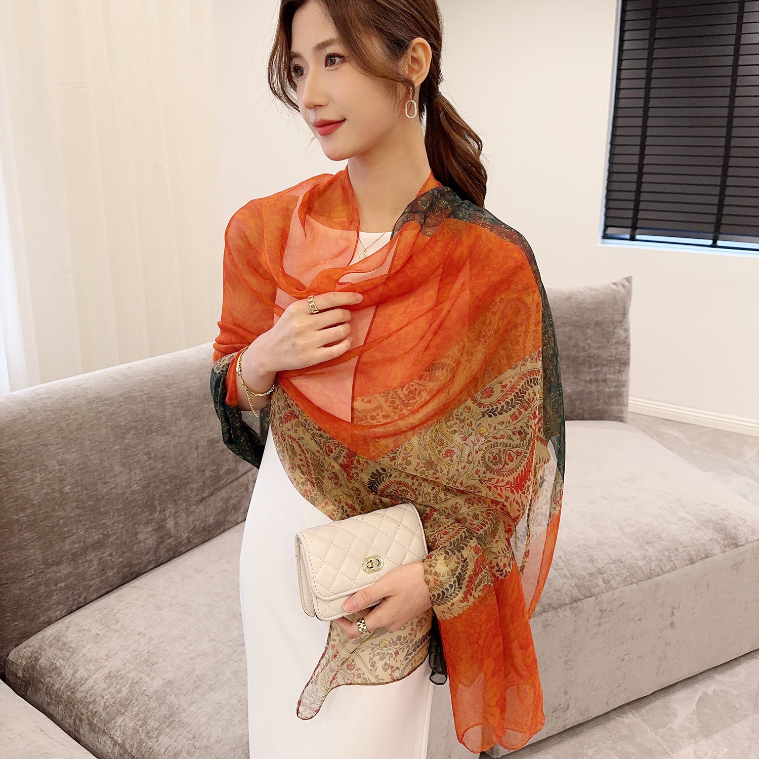 Lenço de seda estampado hijab feminino primavera deisgn macio praia estolas elegantes lenços de cabeça echarpe xale cetim grande envoltório echarpe bandana
