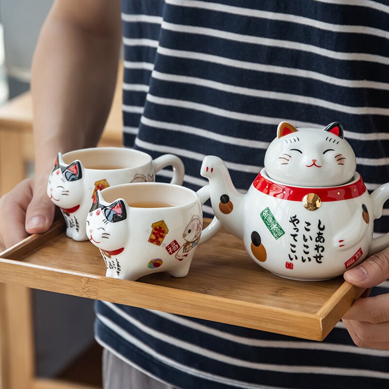 Cute Lucky Cat Porcelain Tea Set Cartoon Ceramic Tea Cup Pot with Strainer Lovely Plutus Cat Teapot Mug Teaware