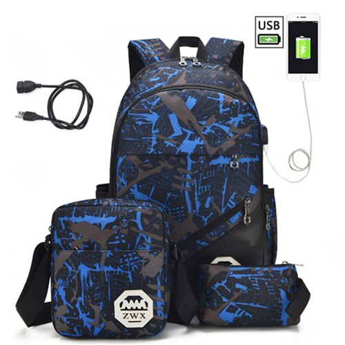 3 pcs /set USB Male backpacks laptop backpack for men shoulder bag student travel bag high school bags For Teenager schooltas: blue 2