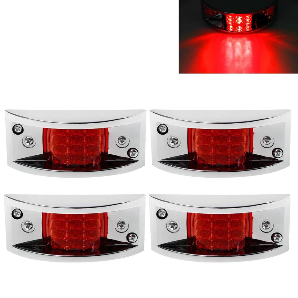 Fuleem Universal Red 4PCS Rectangle Chrome Armored LED Trailer Truck Side Marker Lights Clearance Lights 12LED 12V Waterproof