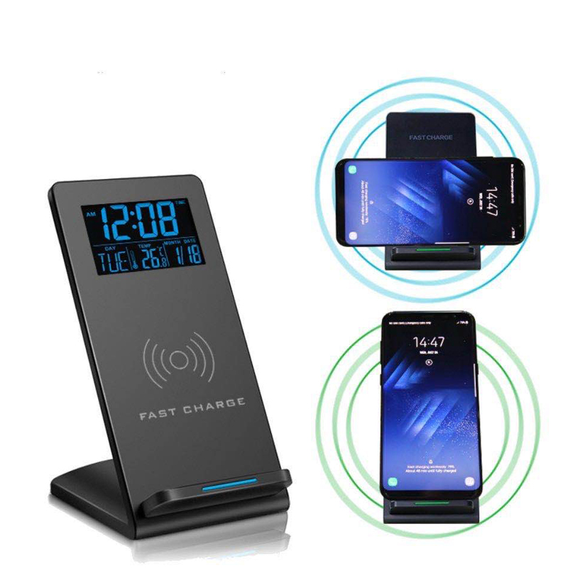 Hurtig trådløs oplader, der oplader mobiltelefonholder med ledet digitalt ur alarmur skrivebord ur tid temperatur dato display