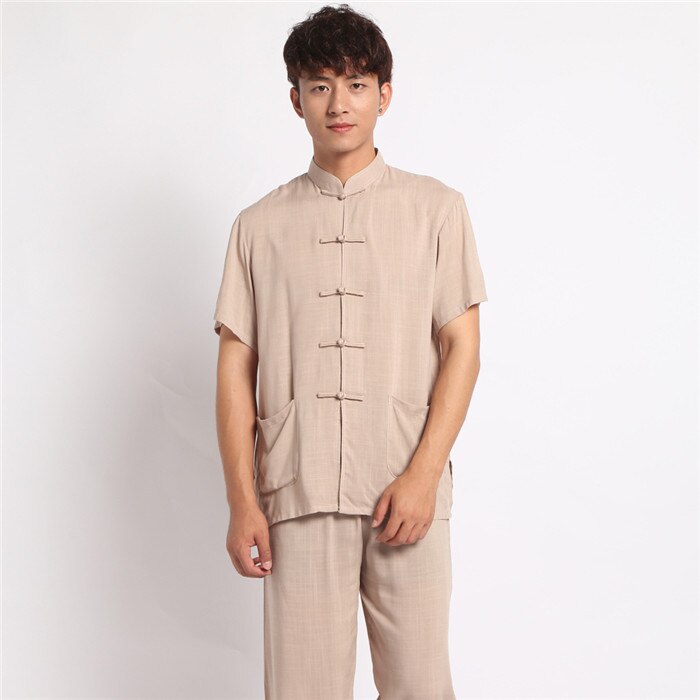 Casual Mannen Katoen Linnen Pyjama Pak Shirt & Broek Broek Nachtkleding Chinese Stijl Mannelijke Handgemaakte Knop Pyjama Set Homewear: Beige / M