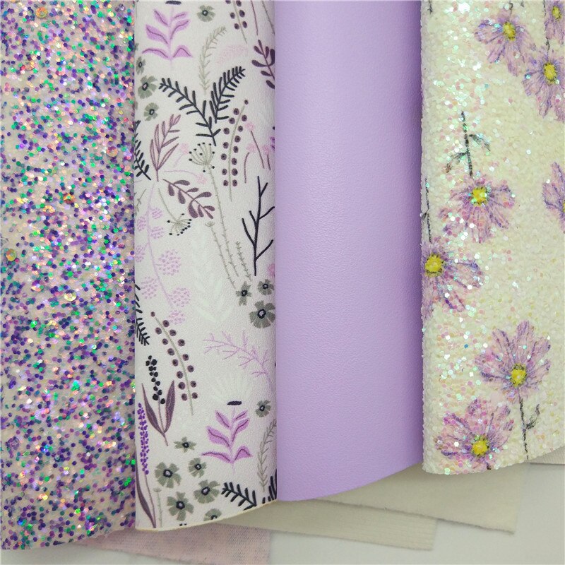 Purple Glitter leather, Flowers Printed Synthetic Vinyl Faux Leather Sheets Smooth Leather Felt Backing For DIY 21x29CM Q290
