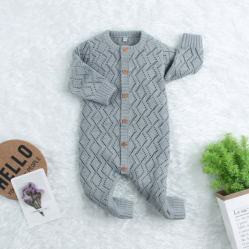 Focusnorm 0-24M Baby Meisjes Jongens Rompertjes Solid Lange Mouw Enkele Breasted Gebreide Trui Winter Outfits 4 Kleuren: Grijs / 18m
