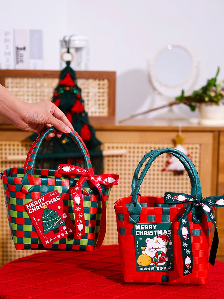 Frohe Weihnachten Süßigkeiten Aufbewahrungskorb Handtasche Rattan Korb Reise Picknick Strand Einkaufstasche Rattan Obstkorb
