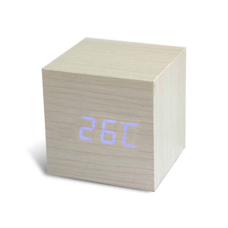 LED Square White Wooden Alarm Clock Desk Digital Clock With Temperature Time Function 4 Colors