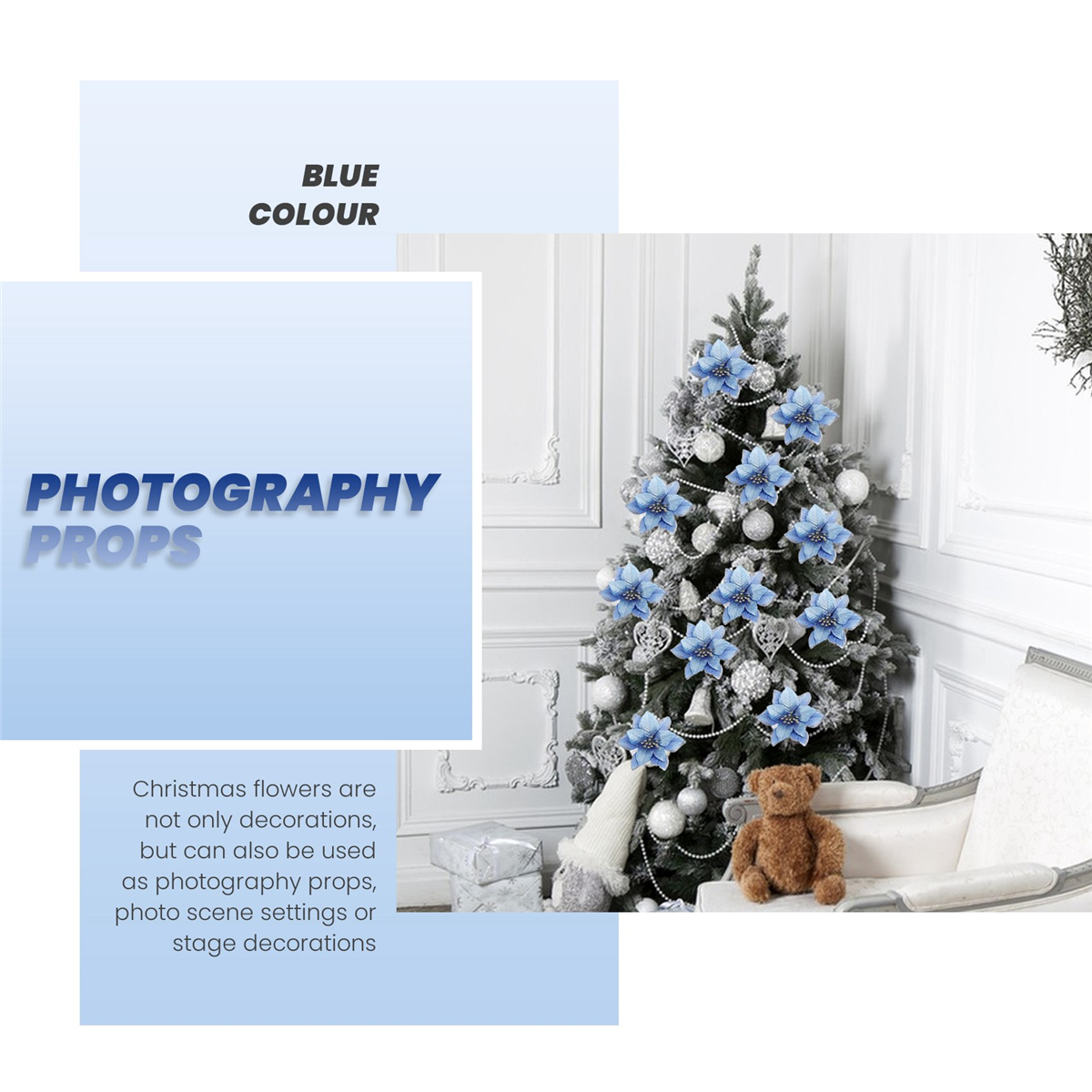 Juleglitter 20 stk juletrepynt kunstig bryllup juleblomster kranser bryllupspynt (blå)