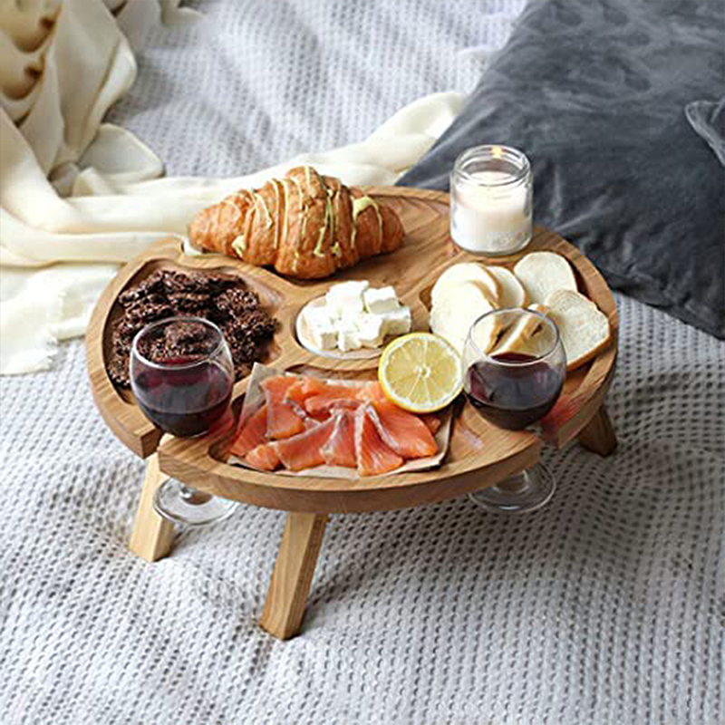 Trä utomhus fällbart picknickbord bärbar hållare runt hopfällbart skrivbord vinglasställ hopfällbart bord för trädgårdsfest