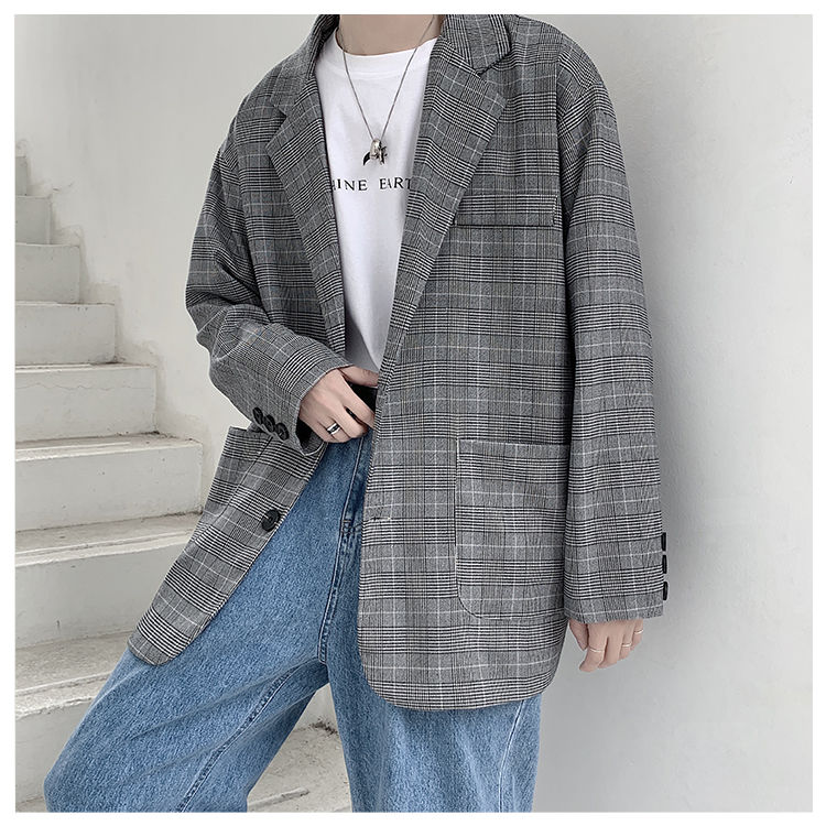 Herre langærmet plaid print blazere jakkesæt løs frakker western tøj tøj overtøj s-xl: Grå / S