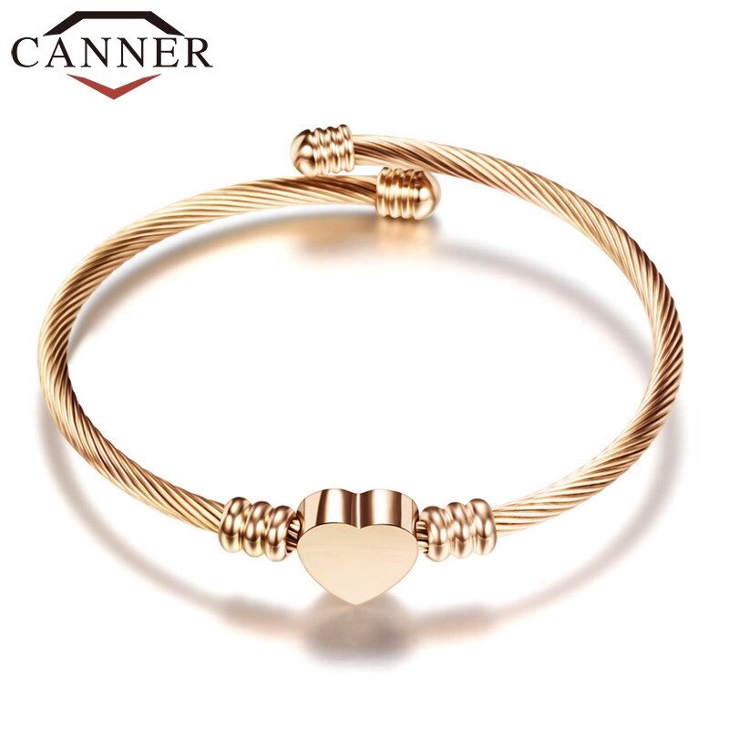 CANNER Adjustable Simple Stainless Steel Woven Heart Open Bangle Gold/Rose gold/ Silver Color Charm Babgles for Women Jewelry FO: Rose Gold Color