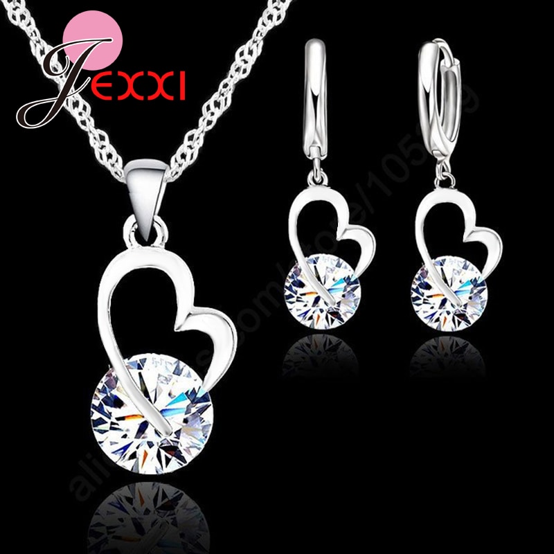 Moda presente de casamento jóias 925 prata esterlina coração redondo brincos de cristal colar conjunto quente presentes de alta qualidade para as mulheres