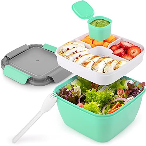 52oz Bento Lunch Box Salad Container for Lunch BPA Free Leak Proof Salad Dressing Container with Smart Lock Reusable Spork: mint green / 1500ml