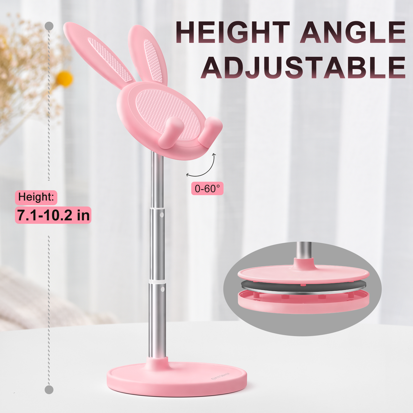 Oatsbasf Cute Cell Phone Stand for Desk, Angle Height Adjustable Bunny Phone Holder Stand, for All Mobile Phones, Tablets