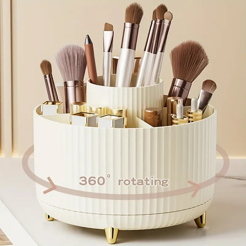 360° Rotating Makeup Organizer Makeup Holder Cosmetic Storage with 5 Compartments Multi-Functional Holder for Brushes Pen: Beige