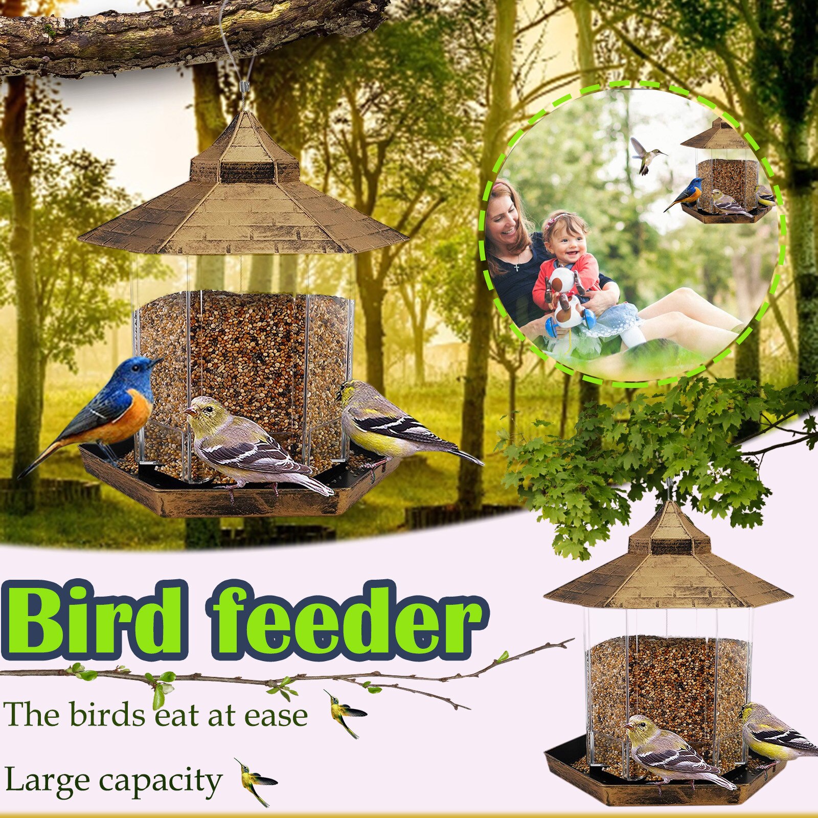 Outside Wild Bird Feeder with 2 Feeding Ports Garden Tube Bird Feeder Hanging