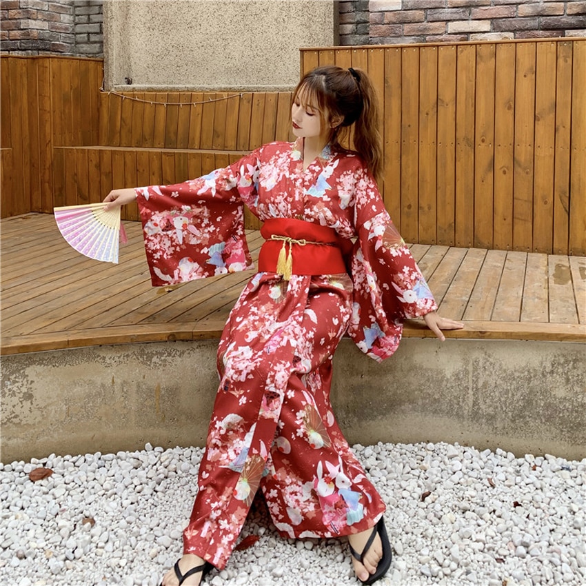 Vestido Kimono tradicional para mujer, manga larga, estilo japonés, Vintage, Yukata con cinturón, Kawaii, Furisode Performance