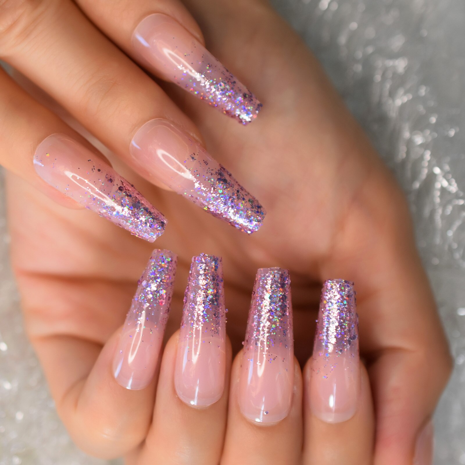 Extra Long Coffin Nail Translucent Pink Glitter Pre Designs Press On Full Cover Fingernail Manicure Tips Supplies