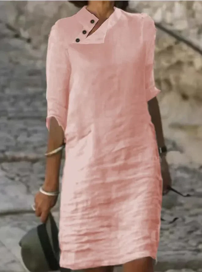 Spring Cotton Linen Women's Dress White Stand Collar Half Sleeve Buttons Dresses Female Casual Loose Ladies Clothes: XXXL / Brown