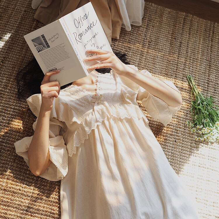 Lente Vrouwen Nachtkleding Geborduurde Kant Pyjama Prinses Sleepshirts Vintage Dames Katoen Beige Nachtjapon Nachtjapon