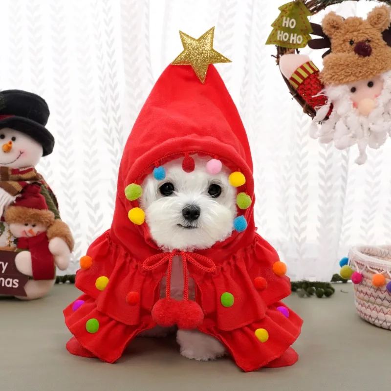 Christmas Pet Cosplay Cute Xmas Tree Role Play Bodysuit Dog Hooded Cloak Year Winter Season Warm Costume Unisex Home Party: XS / Red