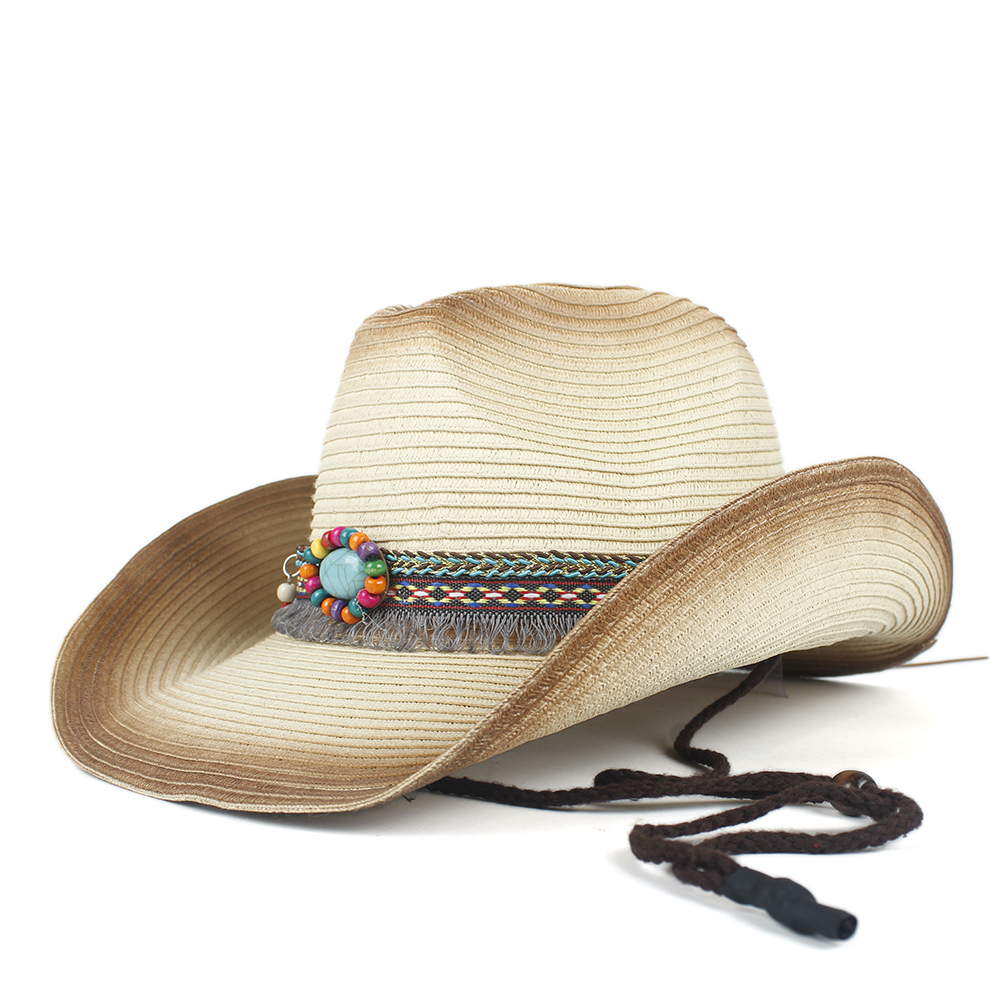Chapeau de Cowboy occidental pour femmes, paille d&#39;été, style bohème, pour plage, Cowboy Jazz, taille 57-59CM: Cream