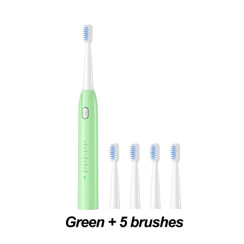 Electric Toothbrush Sonic Toothbrush USB Induction Charging Toothbrush Smart Toothbrush Electric Tooth Scaler Wave Brush: green 5 brush