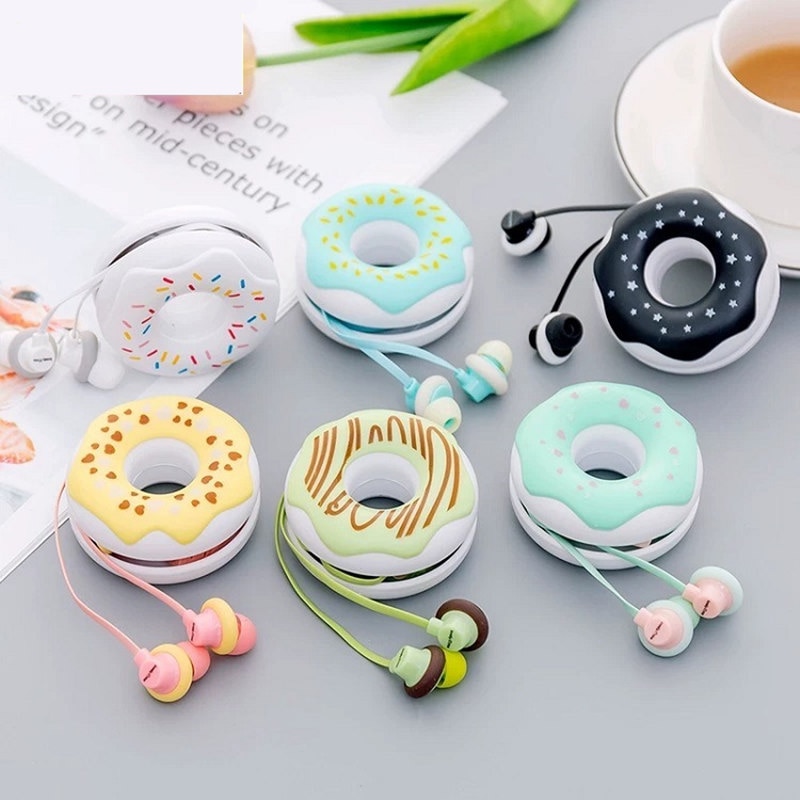 Cute Donuts Macarons Earphones 3.5mm in-ear Stereo Wired Earbuds with mic Earphone Case for Kids iPhone Xiaomi Girls MP3