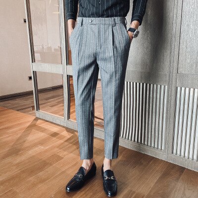 Heren gestreepte casual broek slim british business kleur gestreept borduurwerk kleine broek heren trendy broek