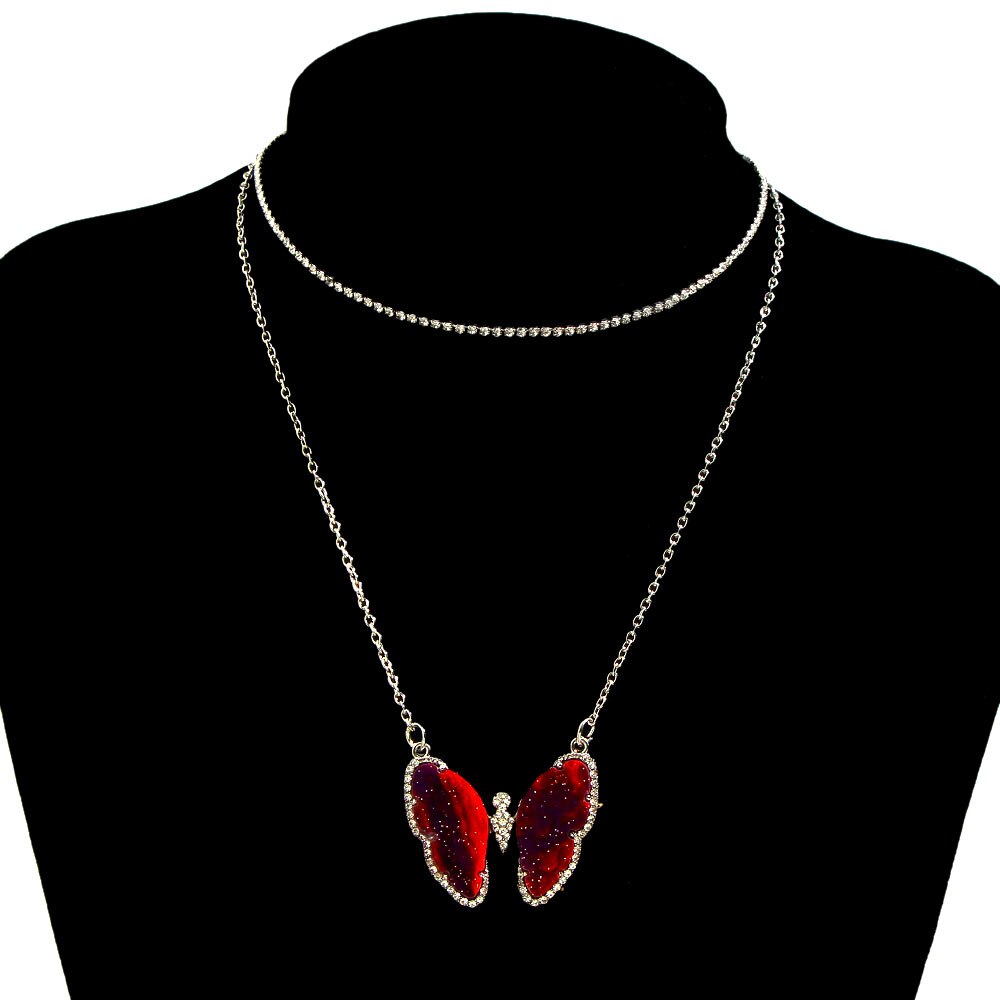 Flatfoosie Trendy Big Butterfly Crystal Pendant Necklace For Women Gold Silver Color Multi-layer Choker Necklace Hip-hop Jewelry: 030903SL