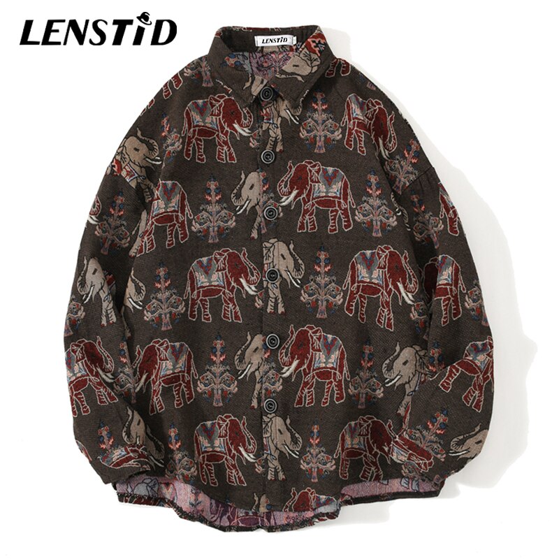 LENSTID Men Hip Hop Long Sleeve Knitted Shirt National Style Elephant Embroidery Harajuku Streetwear Vintage Casual Loose Shirts