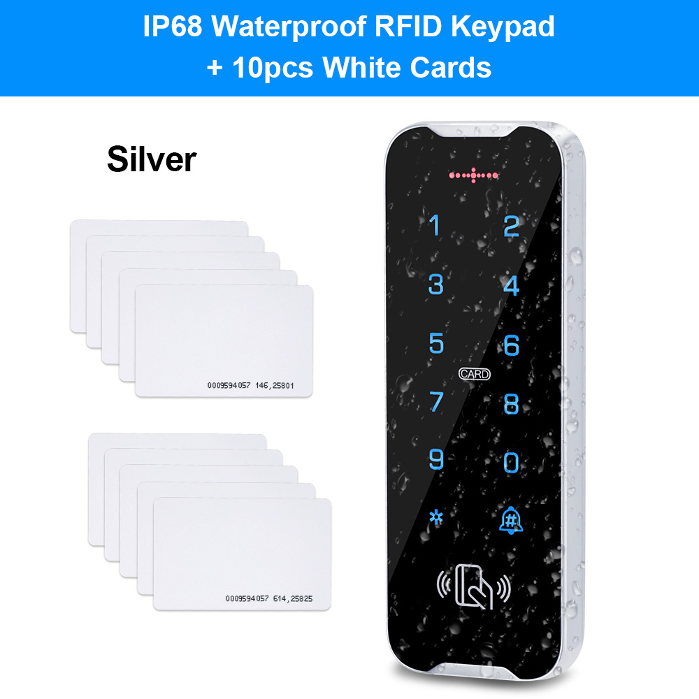 Outdoor Waterproof Access Control Keypad RFID Keyboard System 125KHz Card Reader Metal Touch Controller Wiegand26/34 Doorbell: Silver with cards
