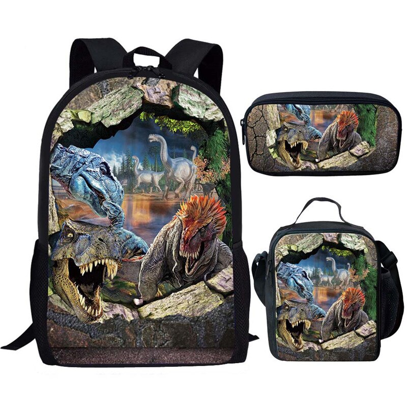 cool T-rex Dinosaurier Schule Taschen einstellen Bookbags für Teenager Jungen 3 stücke Primäbetreffend Rucksack mit Mittagessen Kasten Bleistift Taschen: Z584CGK