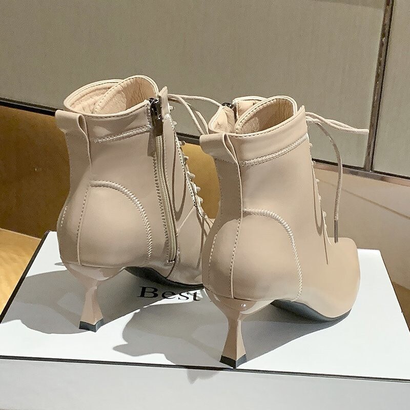 Stijl leren puntige neus stiletto hoge hakken winter streetwear veter enkellaarsjes kruisstrik chelsea boots