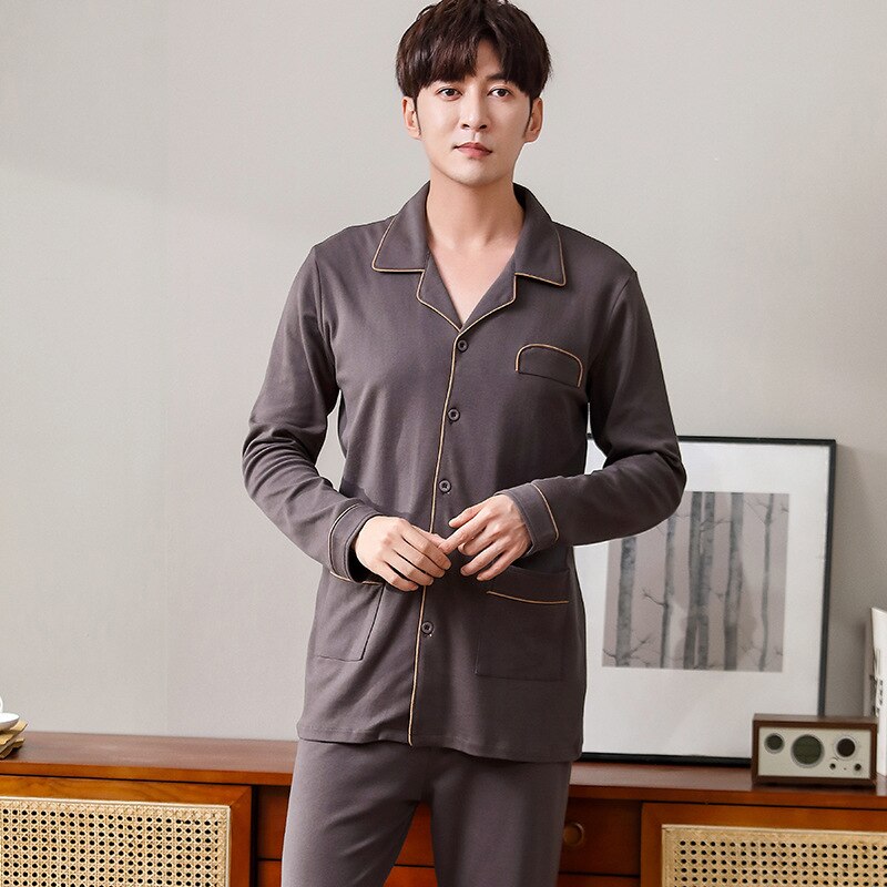 Pijama 100% de algodón para hombre, ropa de dormir de manga larga delgada y pantalones, traje informal para el hogar, camisón de talla grande L-3XL, Otoño e Invierno