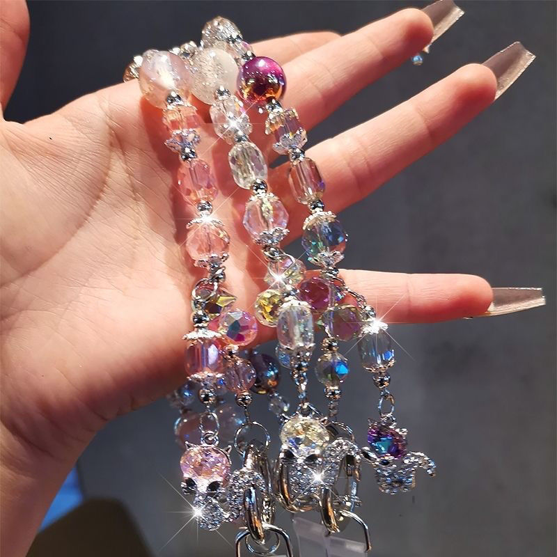 Handmade Beaded Phone Chain Full Diamond Fox Pendant Zircon Pearl Crystal Wrist Style Phone Chain Rope Hanging Rope Lanyard