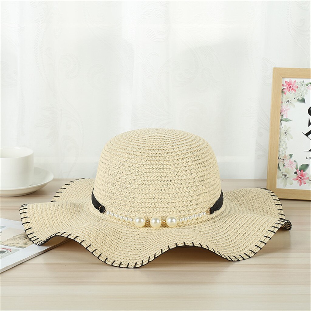 Mode Zomer Cap Voor Vrouwen Grote Brede Rand Strooien Hoed Parel Decoratie Strand Zon Opvouwbare Cap