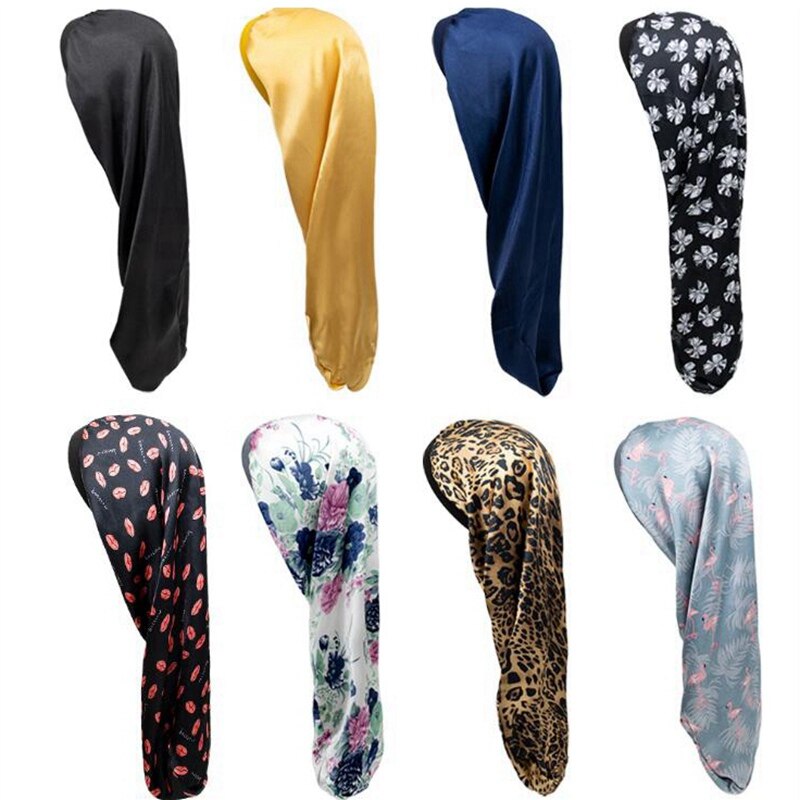 Afrikaanse vrouwelijke zijden tulband hoofddoek lange mutsen voor vrouwen slaapmuts satijnen print haar muts vlecht slouchy hoed tb -83b