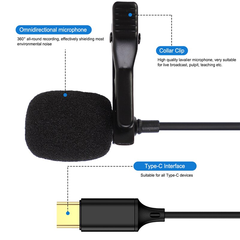 Mini 1.5M Revers Clip-On Microfoon Mic Usb C Type-C Mic Condensator Audio Opname Voor Huawei xiaomi Samsung Android Mobiele Telefoon